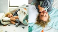Kind schläft eingekuschelt in einer bunten Decke auf dem Boden