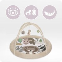 Spielmatte mit Spielbogen und Tiermotiven in neutralen Farben