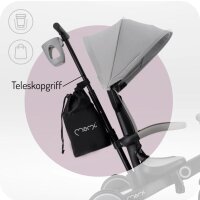 Teleskopgriff und Tasche an einem Kinderwagen in Grau