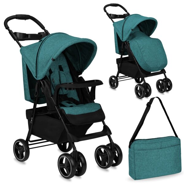 Kinderwagen in Türkis mit verstellbarem Verdeck und Tragetasche