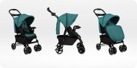 Dreifachansicht eines grünen Kinderwagens mit...