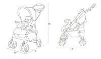 Bebilderte technische Zeichnung eines Kinderwagens mit Maßen und Details