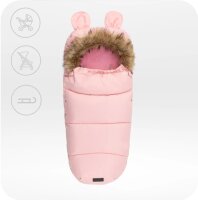 Rosa Kinderwagenfußsack mit Ohren und Kunstfellkragen