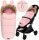 Rosa Kinderwagenfußsack mit Fellkragen und Ohren, warm und gemütlich