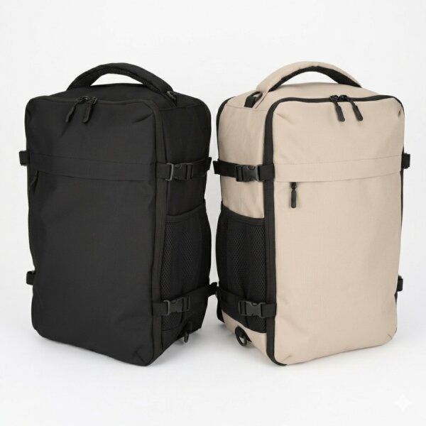 Norländer Handgepäck Rucksack RPET 2.0 – Handgepäck 15,6" Laptopfach – Nachhaltige Flugzeug-Tasche für unter den Sitz & Trolley-Band