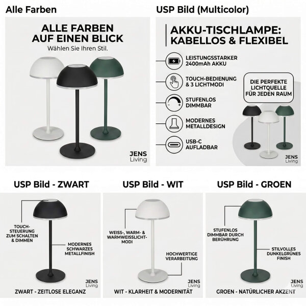 JENS Living LED Tischleuchte Metall – Akku-Tischlampe dimmbar, USB-C aufladbar, 3 Lichtmodi (Warm/Weiß), kabellose Nachttischlampe, 28,5cm