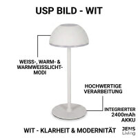 JENS Living LED Tischleuchte Metall – Akku-Tischlampe dimmbar, USB-C aufladbar, 3 Lichtmodi (Warm/Weiß), kabellose Nachttischlampe, 28,5cm