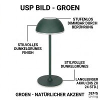 JENS Living LED Tischleuchte Metall – Akku-Tischlampe dimmbar, USB-C aufladbar, 3 Lichtmodi (Warm/Weiß), kabellose Nachttischlampe, 28,5cm