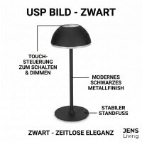 JENS Living LED Tischleuchte Metall – Akku-Tischlampe dimmbar, USB-C aufladbar, 3 Lichtmodi (Warm/Weiß), kabellose Nachttischlampe, 28,5cm