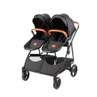 Doppel-Kinderwagen mit schwarzen Sitzen und braunen Griffen