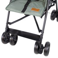 Faltbarer Kinderwagen mit schwarzem Gestell und grünem Sitzpolster