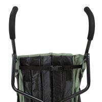 Schwarzer und grüner Kinderwagen mit gepolsterten Griffen und Sicherheitsgurt