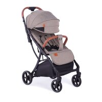Kinderwagen mit braunen Griffen und grauem Bezug, klappbar und leicht