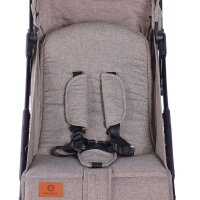 Grau gepolsterter Kinderwagen-Sitz mit Sicherheitsgurten und Rückenlehne