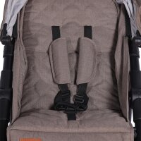 Grau gepolsterter Kinderwagen-Sitz mit Sicherheitsgurt und Schulterpolstern