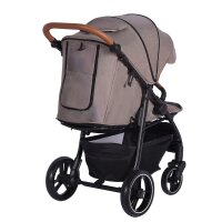 Kinderwagen mit braunem Griff und großem Stauraum unter dem Sitz