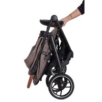 Faltbarer Kinderwagen in Grau mit schwarzem Gestell und Holzgriff