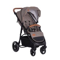 Kinderwagen mit braunem Bezug und schwarzem Gestell, klappbar und leicht
