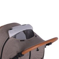 Beige Kinderwagen mit braunem Griff und Netzfenster oben
