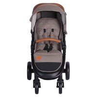 Kinderwagen mit braunem Griff und grauem Bezug, gepolstert und komfortabel