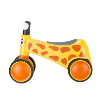 Gelbes Kinderfahrzeug mit Giraffenmuster und großen orangefarbenen Rädern
