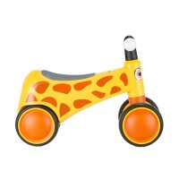 Gelbes Kinderfahrzeug mit Giraffenmuster und orangefarbenen Rädern