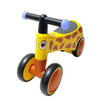 Gelbes Kinderfahrzeug mit Giraffenmuster und stabilen Rädern