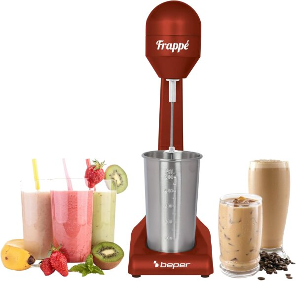 BEPER BP.690 Elektrischer Milchshaker 100W – Drink Mixer mit 500ml Edelstahlbecher – Shaker für Milchshakes, Cocktails & Frappés – Rot
