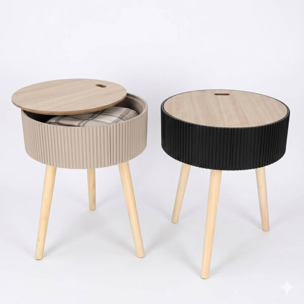 JENS Living Beistelltisch  Levi – Rund Ø38cm mit Stauraum & Deckel – Couchtisch Modern mit 3 Beinen – Nachttisch – Holz – Taupe oder Schwarz