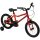 Kinderfahrrad in Rot und Orange mit Stützrädern und schwarzem Sattel