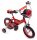 Rotes Kinderfahrrad mit Stützrädern und Rennmotiven