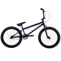 Blaues BMX-Fahrrad mit schwarzen Reifen und einfacher Rahmenkonstruktion