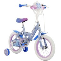 Kinderfahrrad in Blau und Lila mit Stützrädern und dekorativen Motiven