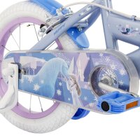 Blaues Kinderfahrrad mit Elsa-Motiv und Einhorn-Design am Kettenkasten