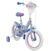 Kinderfahrrad in Blau und Lila mit Stützrädern und buntem Sattel