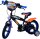 Kinderfahrrad in Schwarz und Orange mit Rennmotiven und Stützrad