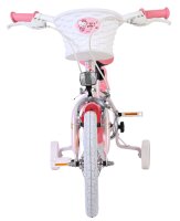 Rosa Kinderfahrrad mit Korb und Stützrädern, vorneansicht