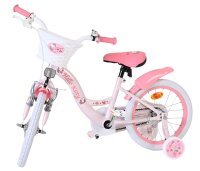 Rosa Kinderfahrrad mit weißen Pedalen und dekorativen Blumenmotiven