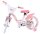 Rosa Kinderfahrrad mit weißen Pedalen und dekorativen Blumenmotiven