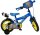 Blaues Kinderfahrrad mit gelben Reifen und Comic-Motiv auf dem Sattel