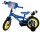 Blauer Kinderfahrrad mit gelben Rädern und Trinkflasche am Rahmen