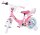 Rosa Kinderfahrrad mit Korb, Stützrädern und bunten Aufklebern