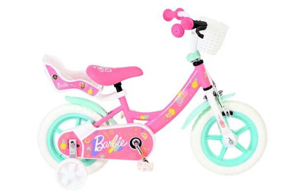 Rosa Kinderfahrrad mit Korb und weißen Reifen, dekoriert mit bunten Motiven