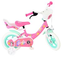 Rosa Kinderfahrrad mit Barbie-Motiven und Korb vorne
