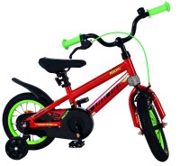 Rotes Kinderfahrrad mit grünen Akzenten und stabilen Reifen