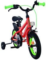 Rotes Kinderfahrrad mit grünen Akzenten und Stützrädern