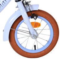 Vorderreifen eines Fahrrads mit braunem Profil und blauen Felgen