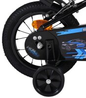 Fahrrad mit stabilisierenden Rädern und sportlichem Design in Blau und Schwarz