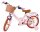 Rosa Kinderfahrrad mit Korb, braunen Details und stabiler Bauweise