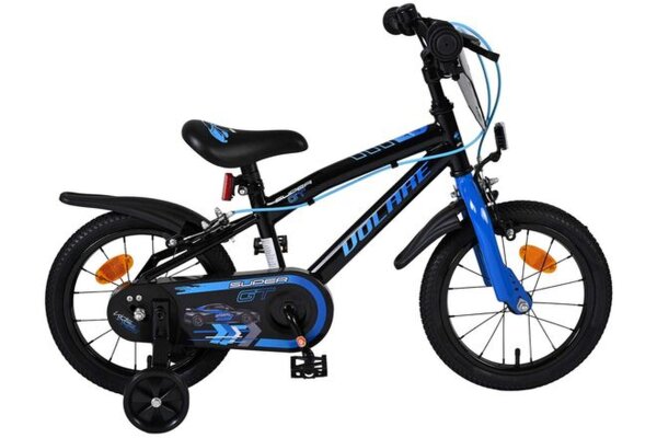Schwarzes Kinderfahrrad mit blauen Akzenten und Rennmotiven